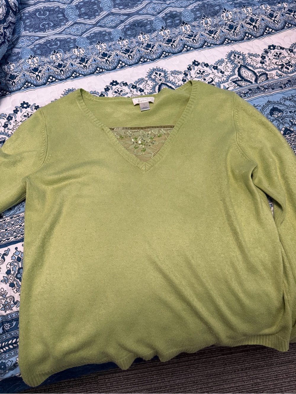 Green V-Neck Embellished Women's Sweater